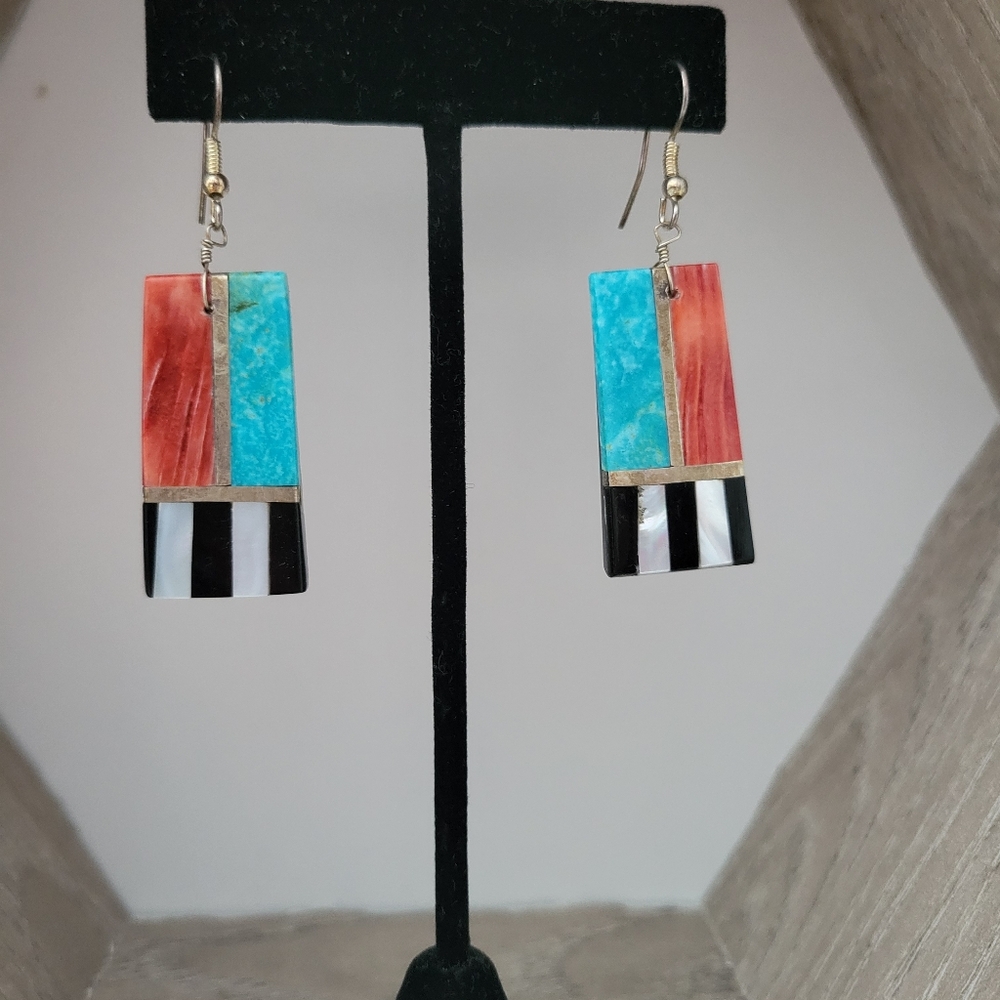 Santo Domingo Pueblo Turquoise Spiny Oyster Inlaid Dangle Earrings Southwestern - Picture 9 of 9